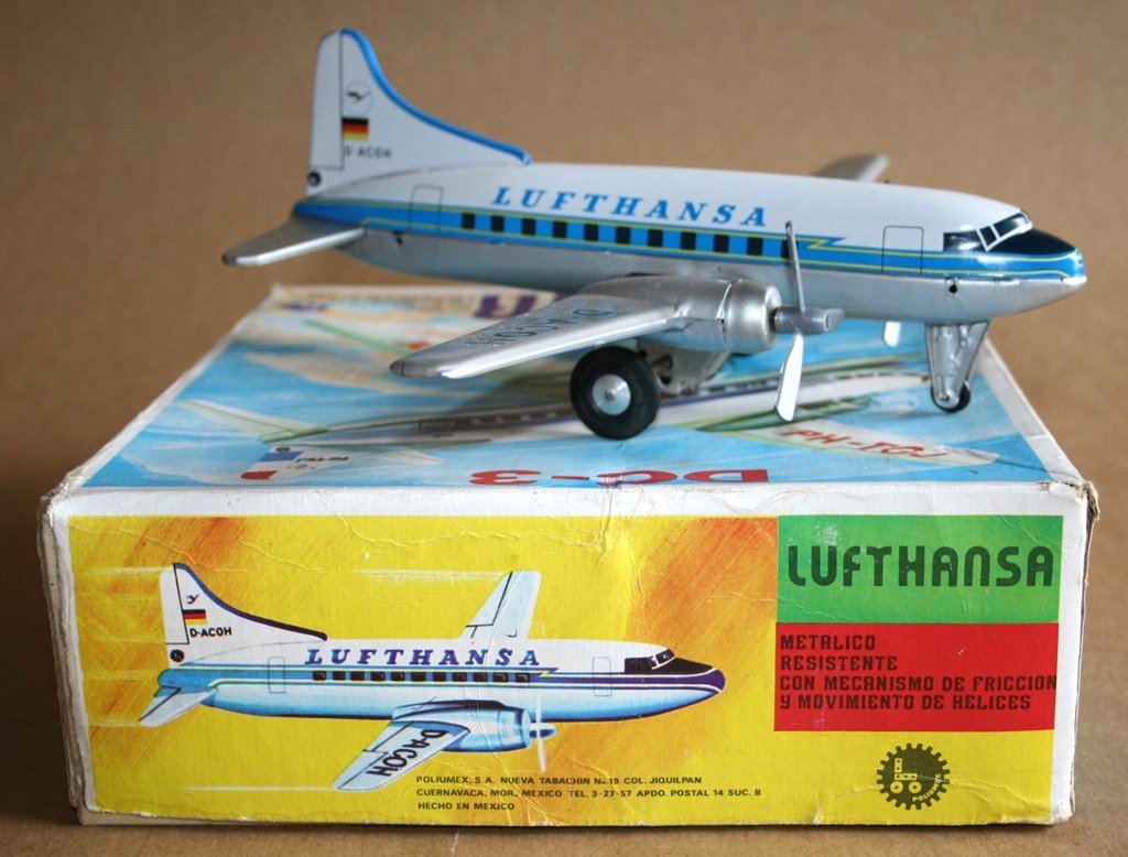TippCo. Lemy, Poliumex, México 60’S Convair Lufthansa DC-3 In Box Friction 10 Inches (25.5 cm) original tin toy airplane