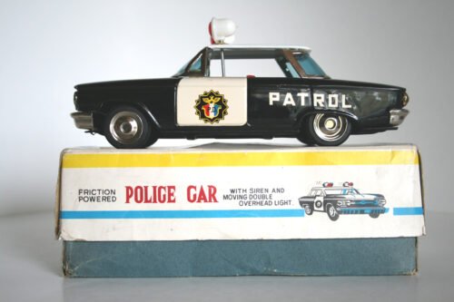 ICHIKO 1960 9.25 INCHES JAPAN FRICTION VINTAGE TIN TOY CAR CHEVROLET CORVAIR PATROL-P.D. IN BOX - Image 9