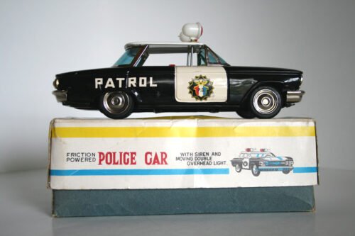 ICHIKO 1960 9.25 INCHES JAPAN FRICTION VINTAGE TIN TOY CAR CHEVROLET CORVAIR PATROL-P.D. IN BOX - Image 11