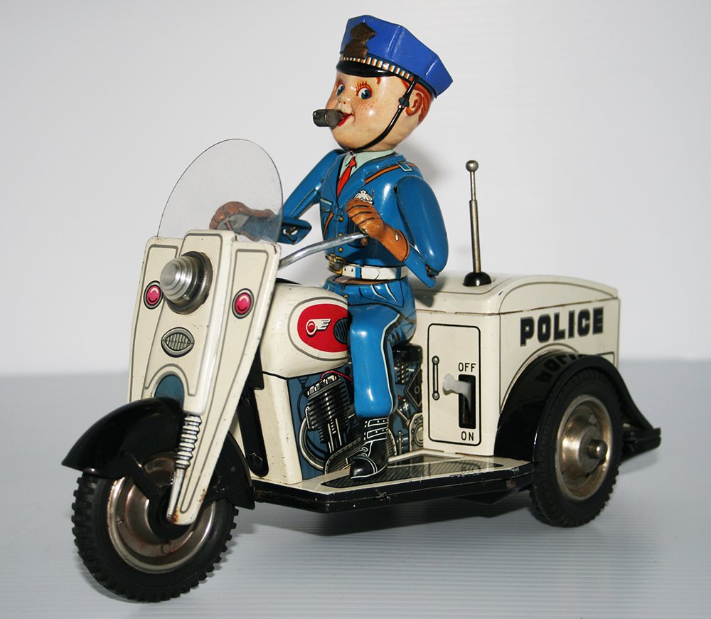 Nomura 50's Police Motorcycle Nº3 Battery Operated 10 inches (25 cm)  original tin toy car | Tin Toy Car