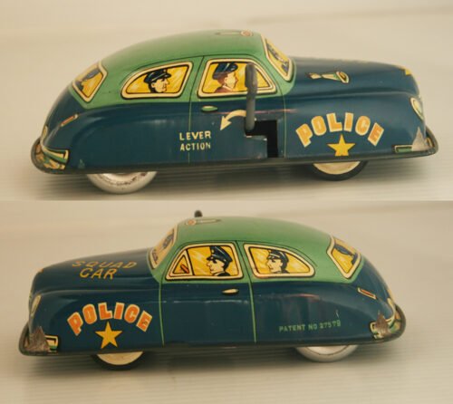 Masudaya MT Japan 50’s Squad Police, Litho Tin Car, Wind Up 5.5 inches (14 cm) original tin toy litho car - Image 8