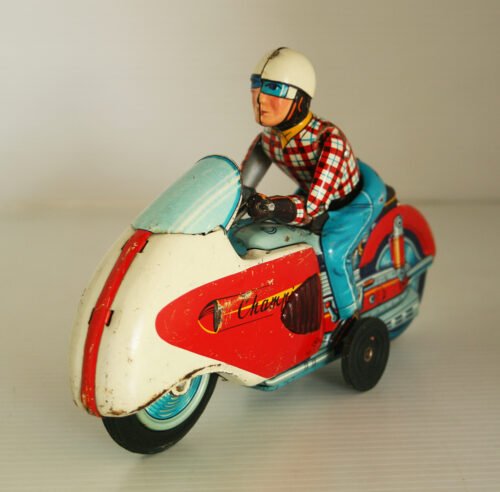 Nomura T.N Japan 50’s Champion Cafe Racer Motorcycle, With Rider and Sparks,  Friction 8 inches (20 cm) original tin toy races’ motorcycle - Image 3