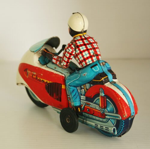 Nomura T.N Japan 50’s Champion Cafe Racer Motorcycle, With Rider and Sparks,  Friction 8 inches (20 cm) original tin toy races’ motorcycle - Image 4