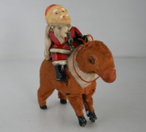 Frankonia Japan 50’s Santa on Reindeer Wind Up 5 inches (13 cm) original tin toy