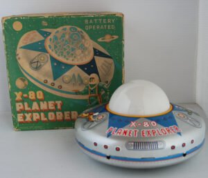 Masudaya MT Japan 60’s Planet Explorer X-80 in Box Battery Operated 8 inches (20 cm) original tin toy space ship